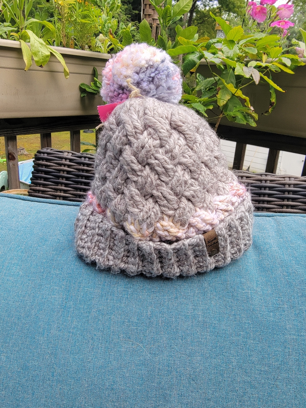 Cozy Gray Cable-Knit Pom Beanie with Pastel Trim